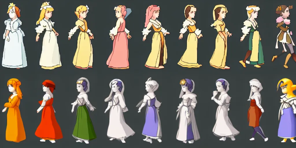 Prompt: walking animation sprite sheet of a girl in a renaissance dress, walking to the right, each sprite is a different frame of the animation, in the style of pokemon games