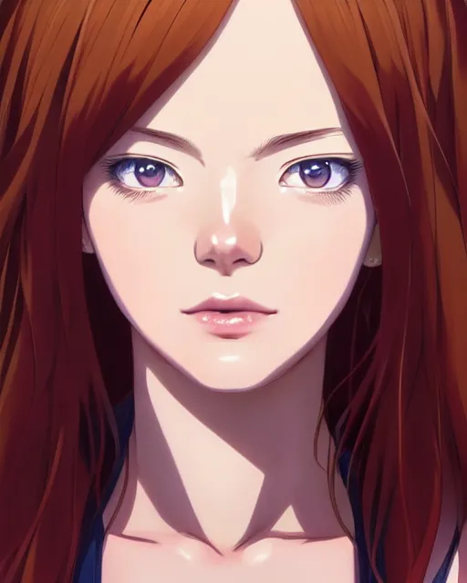 Image similar to portrait Anime as Emma Stone girl cute-fine-face, brown-red-hair pretty face, realistic shaded Perfect face, fine details. Anime. realistic shaded lighting by Ilya Kuvshinov katsuhiro otomo ghost-in-the-shell, magali villeneuve, artgerm, rutkowski, WLOP Jeremy Lipkin and Giuseppe Dangelico Pino and Michael Garmash and Rob Rey