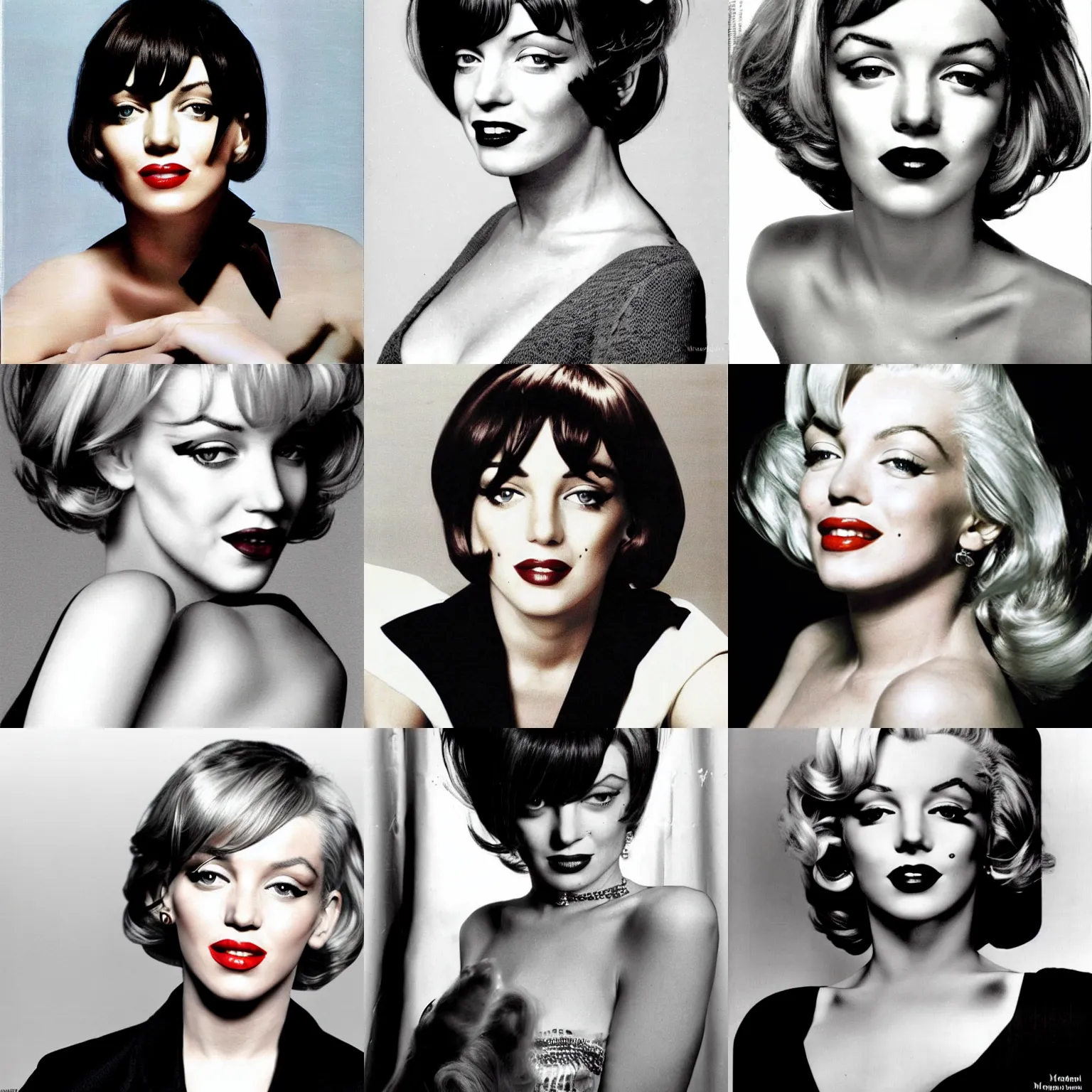 Prompt: modern 2008 Vogue photo of Marylin Monroe with Mia Wallace's hairstyle