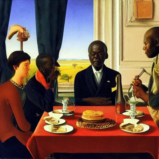 Prompt: the king of zimbabwe having imperial breakfast with his guest dignitaries by Raphael, Hopper, and Rene Magritte. detailed, romantic, enchanting, trending on artstation.