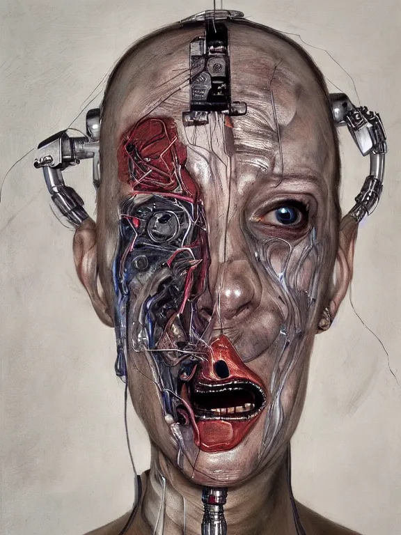 Prompt: cybernetic implants on face, metal jaw, usb port on forehead, portrait by jenny saville, pain, panic, sorrow, concern, mad