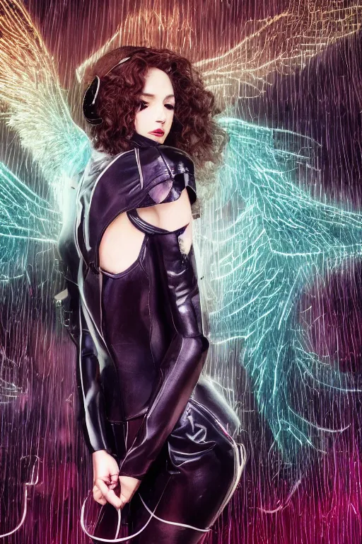 Prompt: A curly-haired girl in diamond hair with angel wings rushes into a black leather suit against the background of golden sparks, Anime, cyberpunk, gothic, dark fantasy, art, 4k,