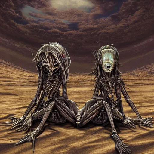 Image similar to conjoined demon twins sitting in a desert by Yoshitaka Amano, by HR Giger, biomechanical, 4k, hyper detailed, hyperrealism, anime, a Broken World, deviantart, artstation