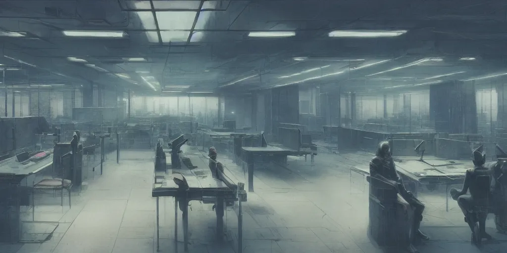 Prompt: a dystopian cyberpunk office interior with huge holographic displays everywhere, beksinski and syd mead cinematic matte painting, 4 k