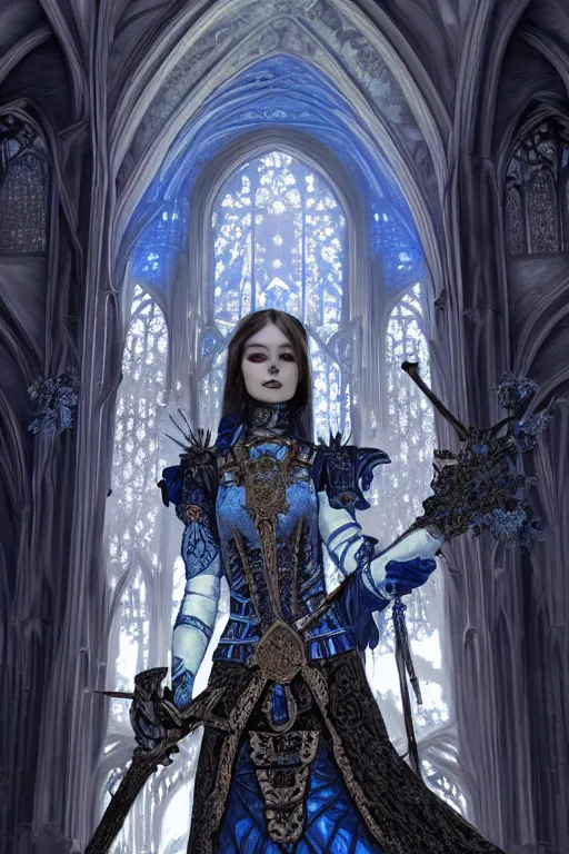 Image similar to beautiful luxury and gothic and victorian and evil medieval female blue & white color armor knight portrait+smoky eyes+light flowing hair, in ruin gothic cathedral, ultradetail face, art and illustration by tian zi and craig mullins and WLOP and alphonse mucha, fantasy, intricate complexity, human structure, fantasy world concept, watermark, blurry, hyperrealism 8k