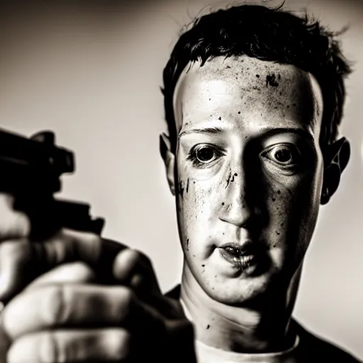 Image similar to angry zuckerberg with shotgun, extreme detail, studio light, photorealistic, gritty, movie still, cinematic, bruised face, soft focus, well edited, 8 k, atmospheric, dark, leather jacket