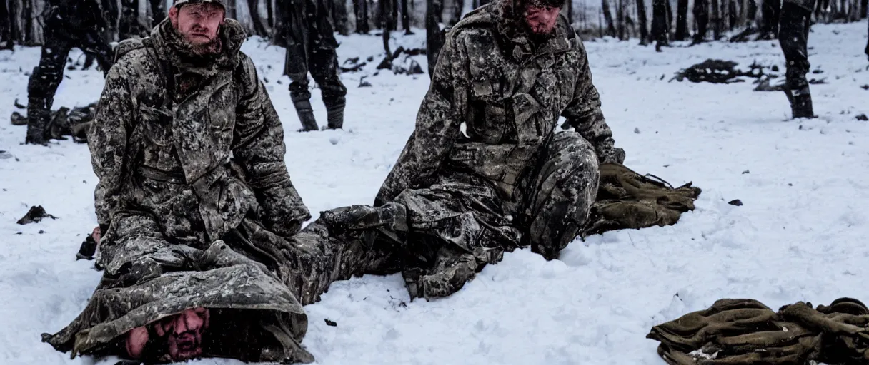 Image similar to filmic closeup semi symmetrical dutch angle movie still 4k UHD 35mm film color photograph of a man wearing military camo kneeling in the snow trying to hold in his internal organs that are spilling out after being eviscerated, his wound is gushing blood onto the snow at night time, dimly lit antarctica