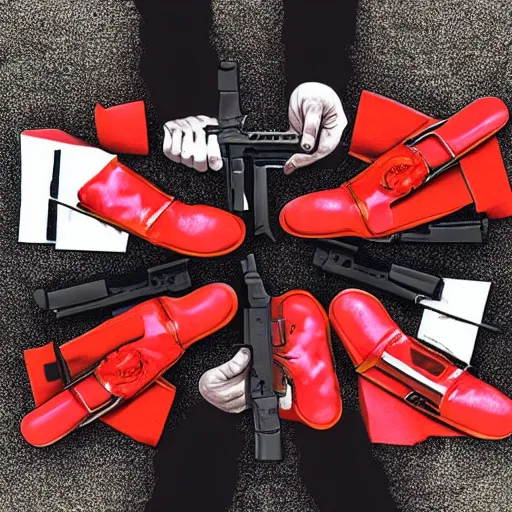 Image similar to 4 people, some guns, reality is collapsing, what the hell is this? red shoes, and some vegan food