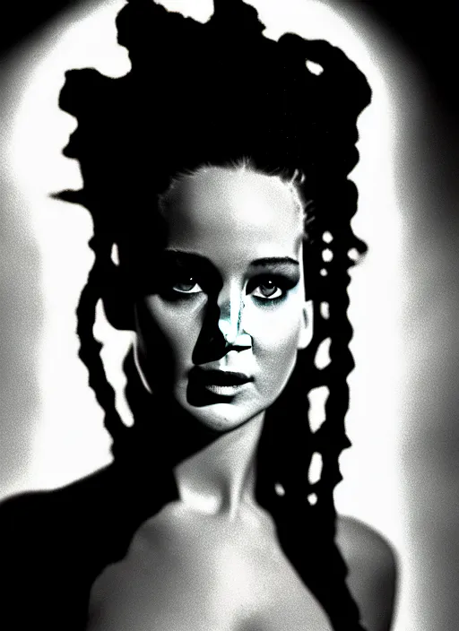 Image similar to award winning fashion photography portrait of jennifer lawrence as the bride of frankenstein, very pretty eyes, face in focus, soft lighting, volumetric shadows, 8 k photography, 1 9 9 0's