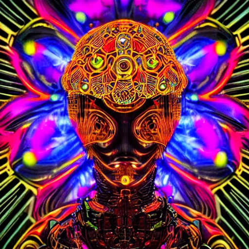 Image similar to hyperdetailed portrait of a psychedelic steampunk robot head, covered in colorful glowing holy geometry lotus flowers and tubes, eyes shoot multicolored laserbeams, 8 k, symetrical, halluzinogenic, meditative, black background