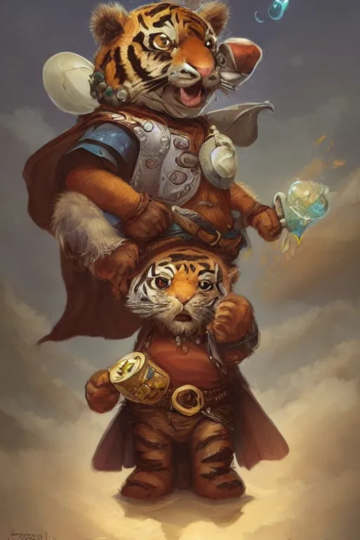 Image similar to migty bear wearing a cape, a gypsy riding a tiger, tiny, small, miniature , animal, short, adorable, pretty, beautiful, DnD character art portrait, matte fantasy painting, DeviantArt Artstation, by Jason Felix by Steve Argyle by Tyler Jacobson by Peter Mohrbacher, cinematic lighting