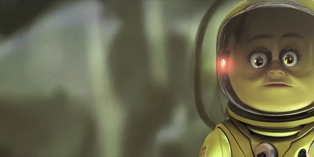 Image similar to lightning bug descendant 1 million in the future has hands and a mouth with big eyes. the bug wears a spacesuit, and explores the cosmos in a spaceship. science fiction blockbuster movie bugs save the planet or the bug from saturn, silent running ( film ), sttng ( television ), arrival ( film ), lightyear ( film )