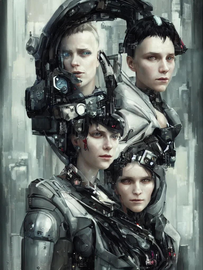 Prompt: a cyberpunk portrait of a gorgeous cyborg with hard white plastic and its milky android partner, in the movie Girl With The Dragon Tattoo, award-winning, masterpiece, in the style of Tom Bagshaw, Cedric Peyravernay, Peter Mohrbacher