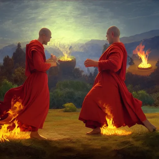 Prompt: medieval monks dancing around fire, pagan ritual, painting by Frederic Edwin Church, octane rendering, warm moody lighting, wide angle lens, in the style of Pixar, fire fills the sky,