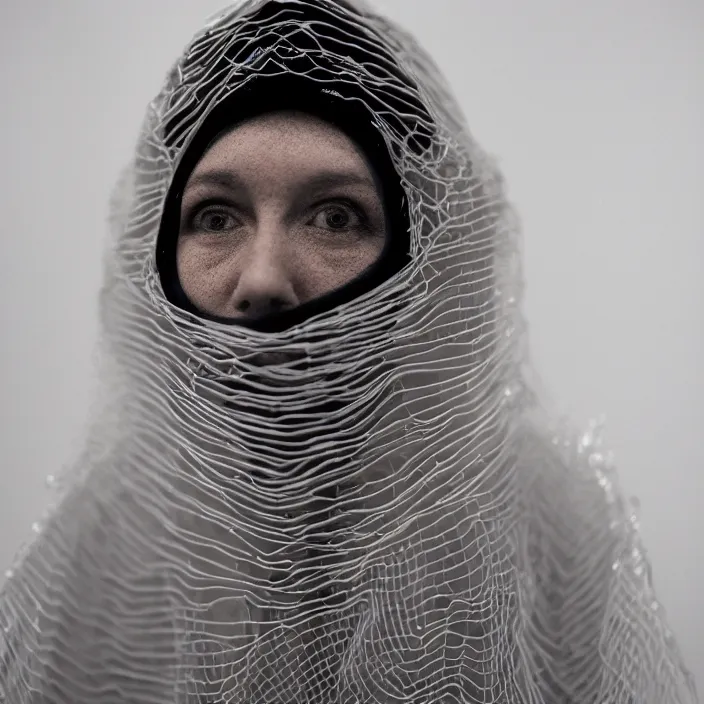 Prompt: a closeup portrait of a woman wearing a hood made of wire and plastic, in a laundry mat, color photograph, by john currin, canon eos c 3 0 0, ƒ 1. 8, 3 5 mm, 8 k, medium - format print