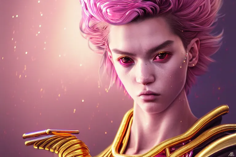 Image similar to hyperdetailed portrait of a stunningly beautiful european girl androgynous guard made of iridescent metals shiny pink gems, bright nimbus, thin golden necklace, inspired by ross tran and wlop and masamune shirow and kuvshinov, concept art, intricate, photorealistic, octane render, rtx, hdr, unreal engine, dnd digital art by artgerm