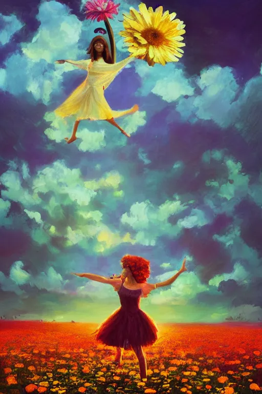 Image similar to giant daisy flower as head, girl dancing in a flower field, surreal photography, sunrise, dramatic light, impressionist painting, colorful clouds, digital painting, artstation, simon stalenhag