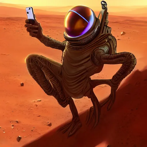 Image similar to alien taking a selfie on mars, dramatic lighting, cinematic, establishing shot, extremly high detail, photorealistic, cinematic lighting, artstation, style by James Gurney