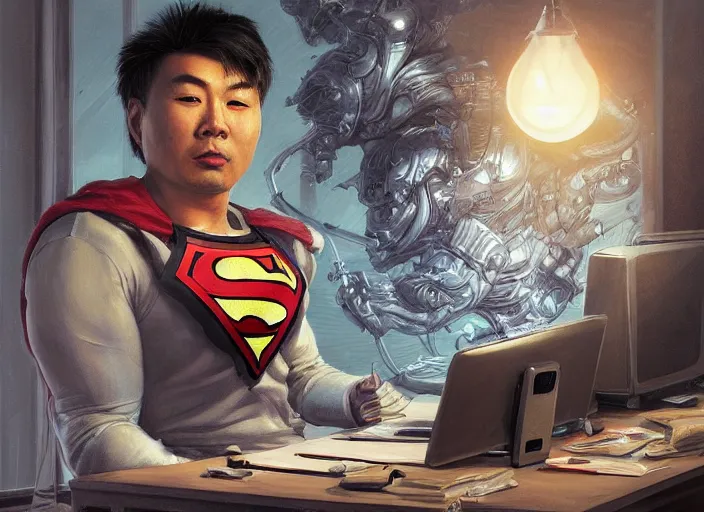 Prompt: an insanely detailed painting of an asian man wearing a homemade superhero costume, realistic face, sitting at a desk, staring seriously at the computer and typing, in the style of peter mohrbacher, james jean, artgerm, dramatic lighting and composition, surreal background, octane render, pixar, trending on artstation, concept art, comic book, 8 k