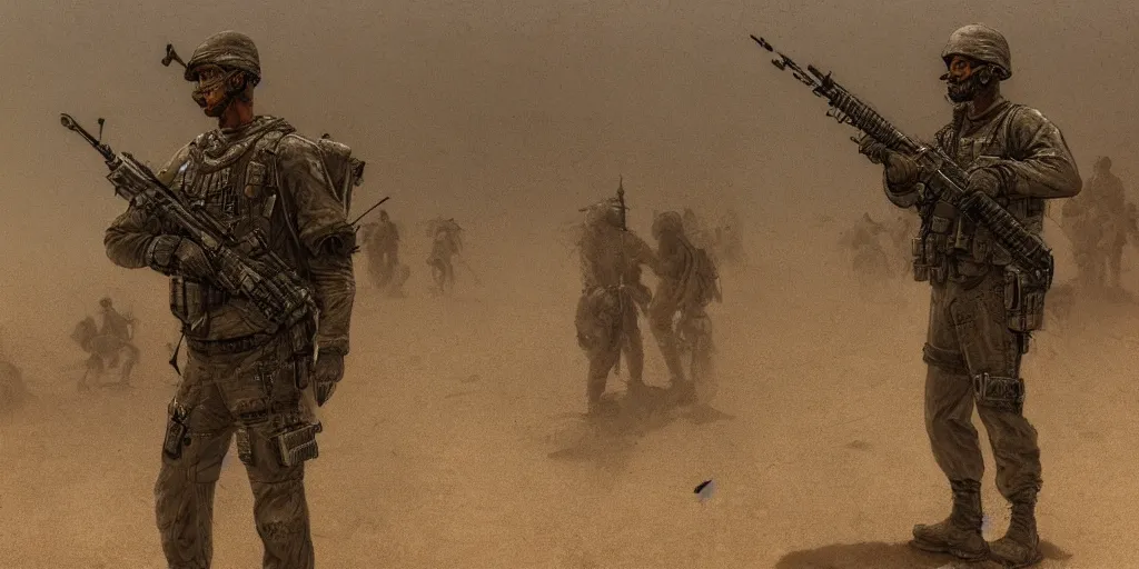 Prompt: highly detailed war photograph of a pmc operative guarding a highway checkpoint surrounded by climate migrants, dust storm, cinematic, realistic, realism, intricate, digital art, ambient, by beksinski, pop art style, 3 5 mm film grain, artstation