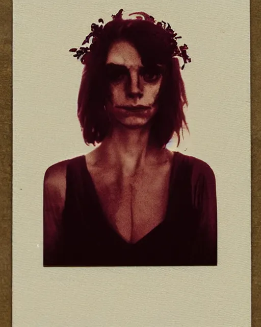 Prompt: an instant photo of a beautiful but sinister woman in layers of fear, with haunted eyes and tangled dark hair, 1 9 7 0 s, seventies, delicate embellishments, a little blood, crimson, painterly, offset printing technique, mary jane ansell