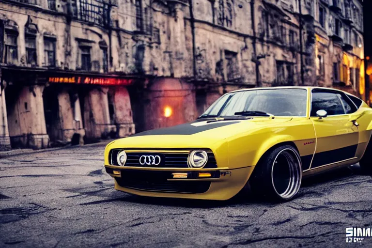 Prompt: widebody audi camaro b 1 ( 1 9 6 9 ), need for speed : carbon, at night, mild sci - fi, neon lines, lviv historic centre, phonk music background, smoke behind wheels, noise, dark, establishing shot, by simon stalenhag