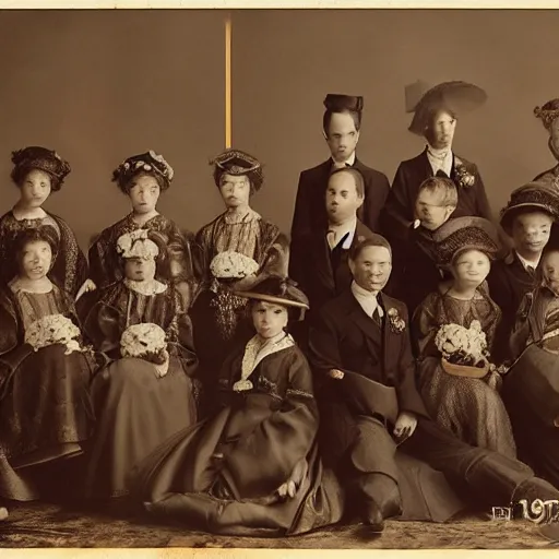 Image similar to A wide full shot, colored Russian and Japanese mix historical fantasy a photograph portrait taken at the royal wedding two choirs, photographic portrait, warm lighting, 1907 photo from the official wedding photographer for the royal wedding.