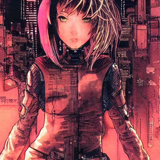 Image similar to android, killer - girl, high detail of the face, full body, close - up, 1 / 6 katsuya terada, style of cyberpunk, night, city,