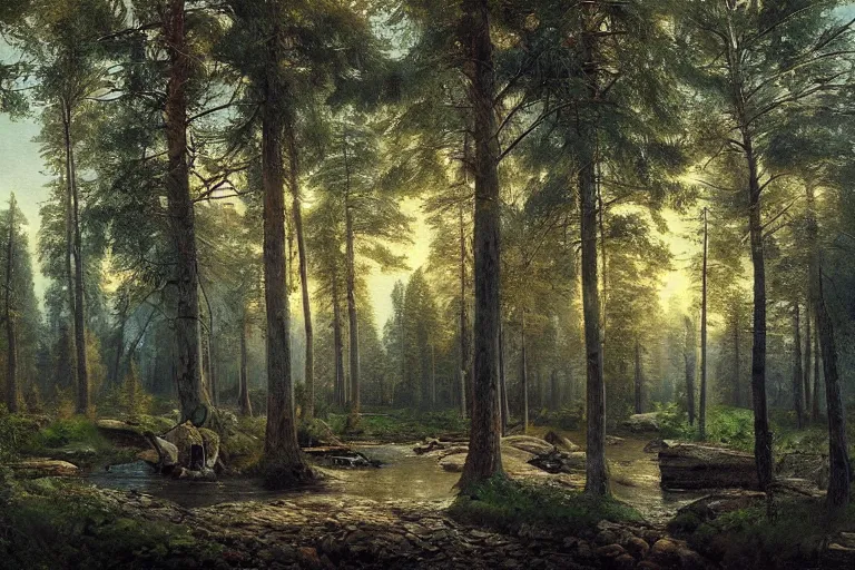 Image similar to A beautiful painting of russian village in dark forest by ivan shishkin and arkhip kuindji, trending on artstation,matte painting