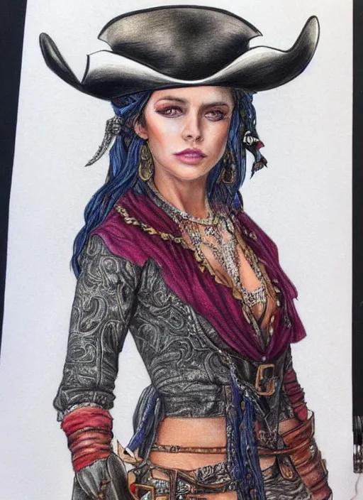 Image similar to full body detailed colored pencil drawing of a beautiful pirate female with a beautiful face wearing intricate clothing