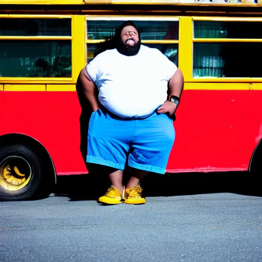 Image similar to overweight african american male school bus driver with dreads, wearing shorts with chubby legs, big moe, symmetric face, photo, posing in front of schoolbus