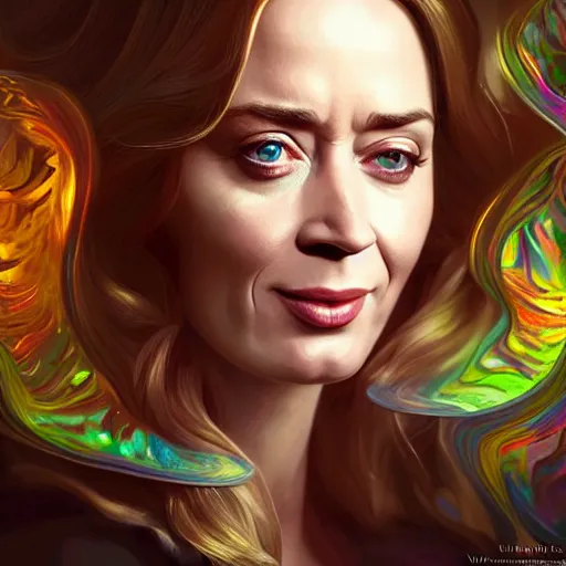 Prompt: a cute emily blunt inside an ornate bottle of iridescent liquid, alchemy, intricate, bloom, detailed, volumetric lighting, sharp focus, photorealism, digital painting, highly detailed, concept art, by by artgerm and wlop