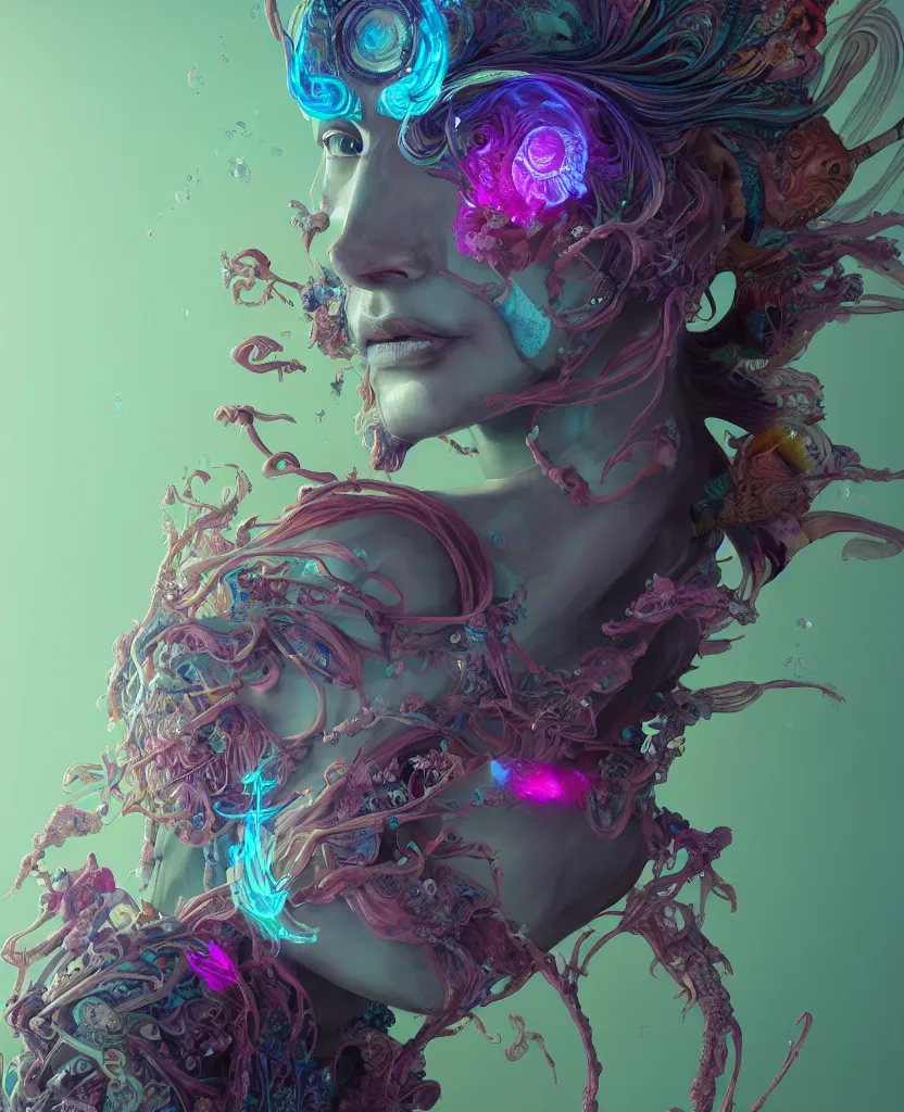 Image similar to goddess full color painted acryllic sculpture close-up portrait. orchid bird phoenix head, nautilus, skull, betta fish, bioluminiscent creatures, intricate artwork by Tooth Wu and wlop and beeple. octane render, trending on artstation, greg rutkowski very coherent symmetrical artwork. cinematic, hyper realism, high detail, octane render, 8k