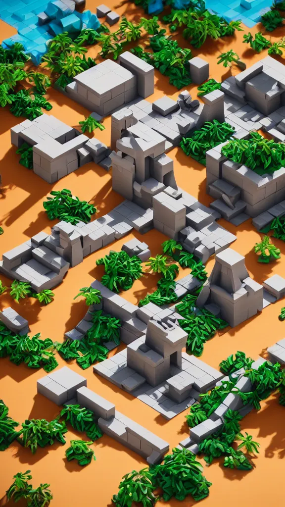 Image similar to matte 3 d low poly scene of a desert temple, lat lighting, isometric perspective on tropical beach background, soft shadows, 3 d render, lego builders journey, raytracing,