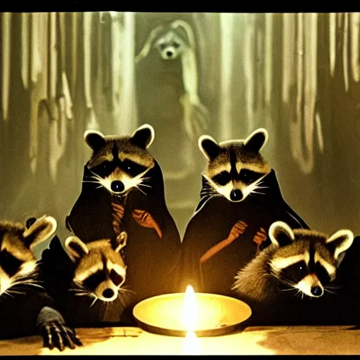 Image similar to 1 9 8 0's award winning sci - fi movie, a group of raccoons wearing dark cult robes look towards the camera in surprise and anger as they perform a dark occult evil ceremony inside the secret lair of an underground mystery cult, dramatic candlelight, pentagrams, ultra - detailed, photorealistic, 4 k