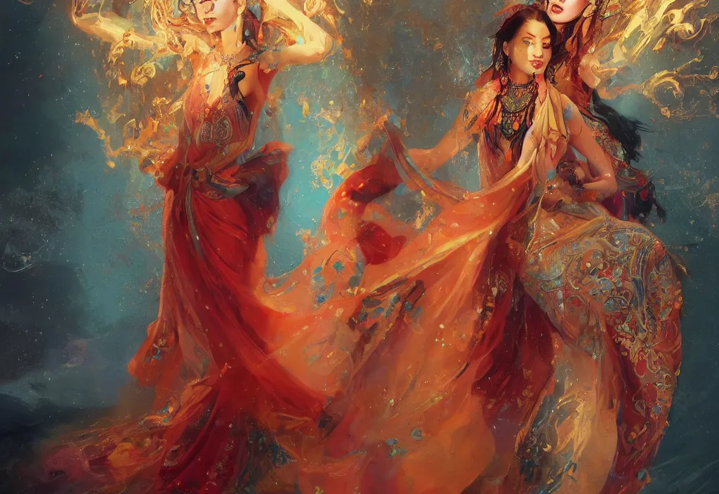 Image similar to full body portrait of a duo of 1 9 years old girl figures, oriental tattoos, jeweled ornament over forehead, jewelry, subject wearing a high fashion mystical gown, flowing, beautiful, dramatic, cinematic lighting, ultramarine, indian yellow, fire red, few vivid turquoise highlights, by greg rutkowski and jeremy mann, artstation, pixiv, oil on canvas