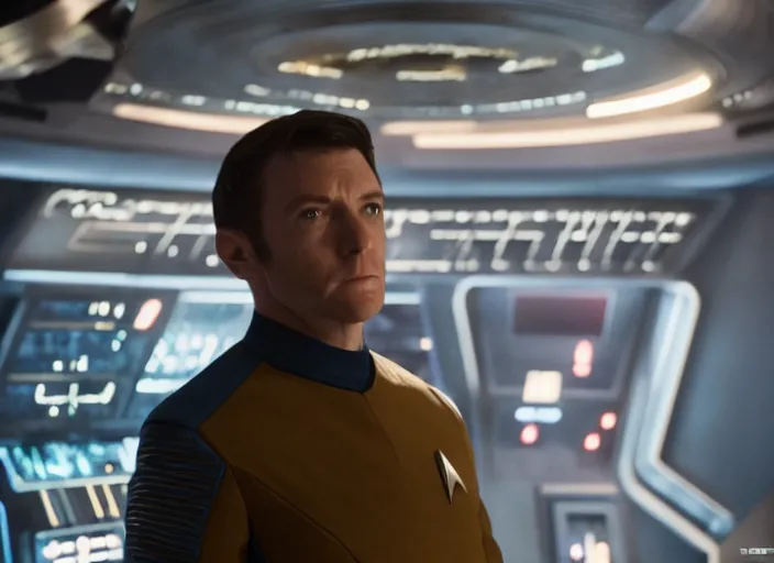 Prompt: Joshua Bassett plays as captain in Star Trek Discovery, engine room and warp core in the background, 35mm photography, highly detailed, cinematic lighting, 4k