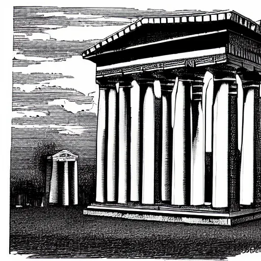 Prompt: an Athenian temple a Batman statue