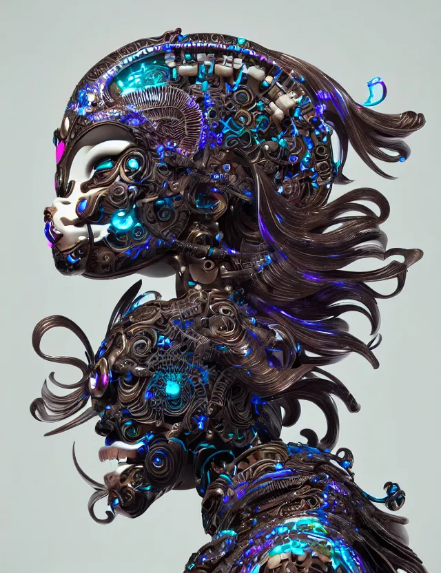 Image similar to 3 d goddess cyborg close - up profile portrait with ram skull. beautiful intricately detailed japanese crow kitsune mask and clasical japanese kimono. betta fish, jellyfish phoenix, bio luminescent, plasma, ice, water, wind, creature, artwork by tooth wu and wlop and beeple and greg rutkowski