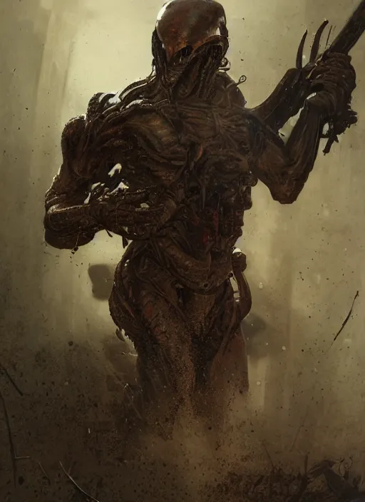 Image similar to a photorealistic dramatic hyperrealistic portrait render of predator the alien hunter, ultra realistic details, well worn, rust, oil stains by wlop, greg rutkowski, alphonse mucha vitaly bulgarov and mike nash, beautiful dramatic dark moody tones and lighting, cinematic atmosphere, studio lighting, global illumination, shadows, dark background, concept design art octane render, 8 k