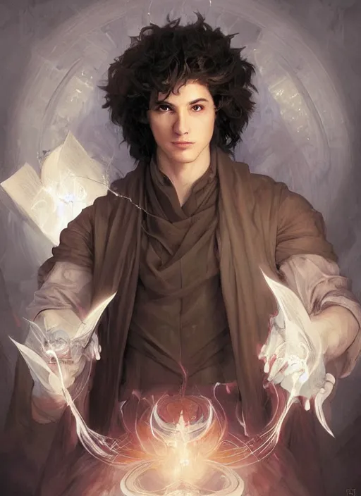 Prompt: character concept portrait of an attractive young Spanish wizard with white skin conjuring a hurricane spell, a floating iridescent spell book in the center, intricate, elegant, digital painting, concept art, smooth, sharp focus, illustration, from Metal Gear, by Ruan Jia and Mandy Jurgens and William-Adolphe Bouguereau, Artgerm