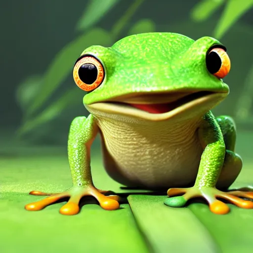 Image similar to frog cute character in water with water lily fireflies around, cute big eyes with details in body, poster, bioluminescence, vegetation, water bubbles, flying shot, portrait, full shot, rim light, pixar, octane render,