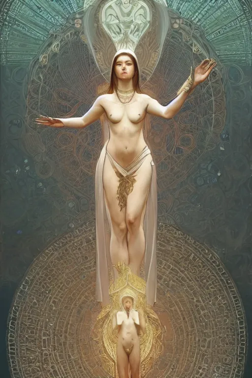 Image similar to a full body portrait of a beautiful ethereal delicate babylonian mage queen meditative sacral pose catholic stages of the cross, intricate, elegant, highly detailed, digital painting, artstation, concept art, smooth, sharp focus, illustration, art by krenz cushart and artem demura and alphonse mucha