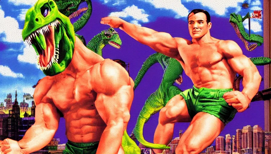 Image similar to beautiful still from retro snes arcade game featuring muscular gene kelly on steroids demanding a refund on undercooked overpriced dinosaur steak in downtown dive bar bistro, hyperreal detailed facial features and uv lighting, retro nintendo bitmap pixel art