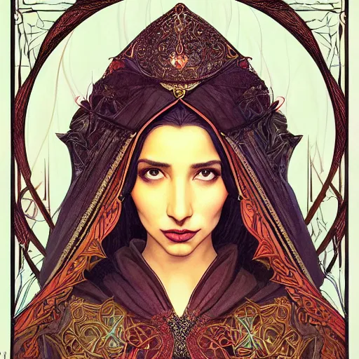 Prompt: head-on symmetrical centered painted portrait, Mahira Khan as a D&D wizard, art nouveau, tarot card style, medieval robes, fantasy, intricate, elegant, highly detailed, smooth, sharp focus, illustration, artstation, in the style of Artgerm and Anna Podedworna and Alex Ross and Mucha