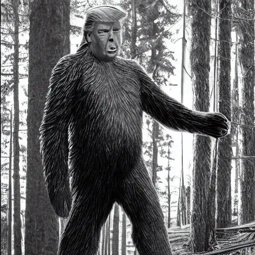 Prompt: donald trump as bigfoot, cryptozoology photograph, forest, setting,