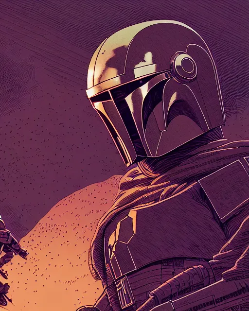 Image similar to closeup potrait of the mandalorian in a battle, intricate, volumetric lighting, moebius, geof darrow, frank miller, dan mumford, detailed illustration, digital art, victo ngai, kilian eng, frank miller, moebius, dan mumford, action pose, off angle camera tilt, vector art