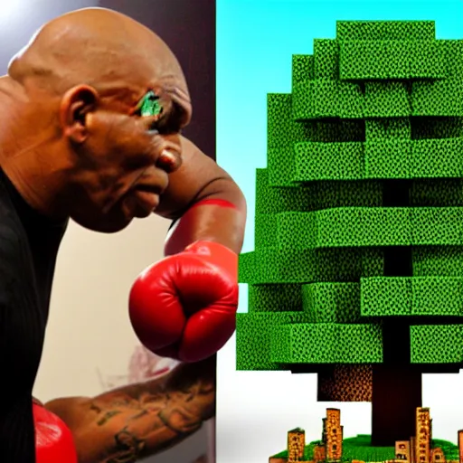 Image similar to mike tyson punching a minecraft tree