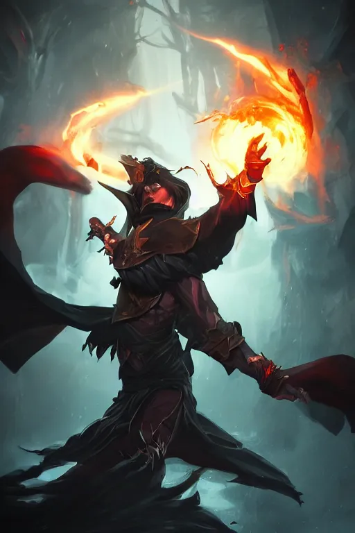 Image similar to an evil mage in a fighting pose casting a dark spell, character splash art, dynamic, action pose, digital painting, WLOP, trending on artstation, 8k, epic composition, highly detailed, sharp focus