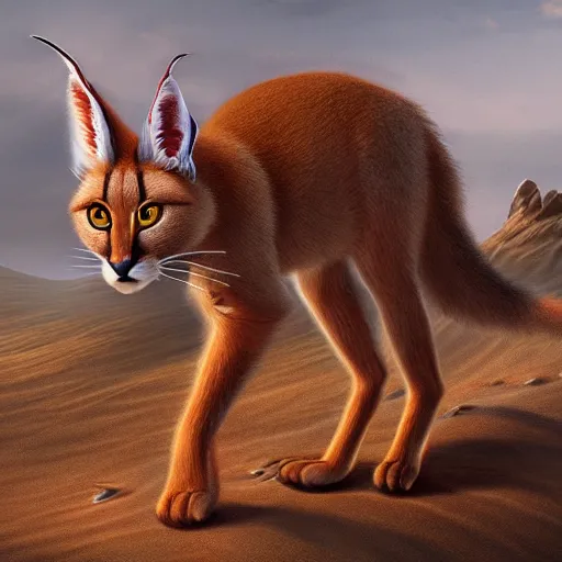 Prompt: an Artstation 3d render of Very very very very highly detailed beautiful mystic photo of cute caracal in the desert, intricate, extremely detailed, digital painting, artstation, concept art, smooth, sharp focus, illustration, intimidating lighting, incredible art,